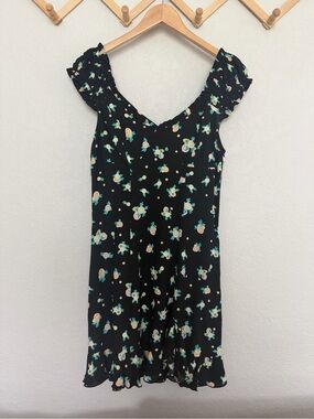 Free People Like A Lady Mini Dress Black Citrus/Floral Print with Ruffle detail